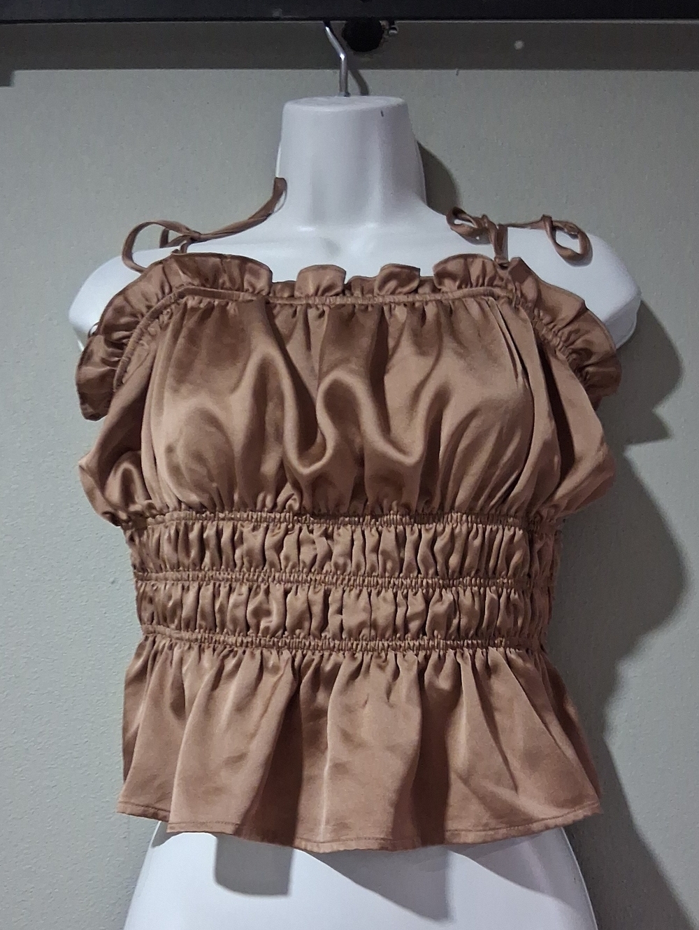 Mi Ami Bronze Satin Smocked Peplum Cami